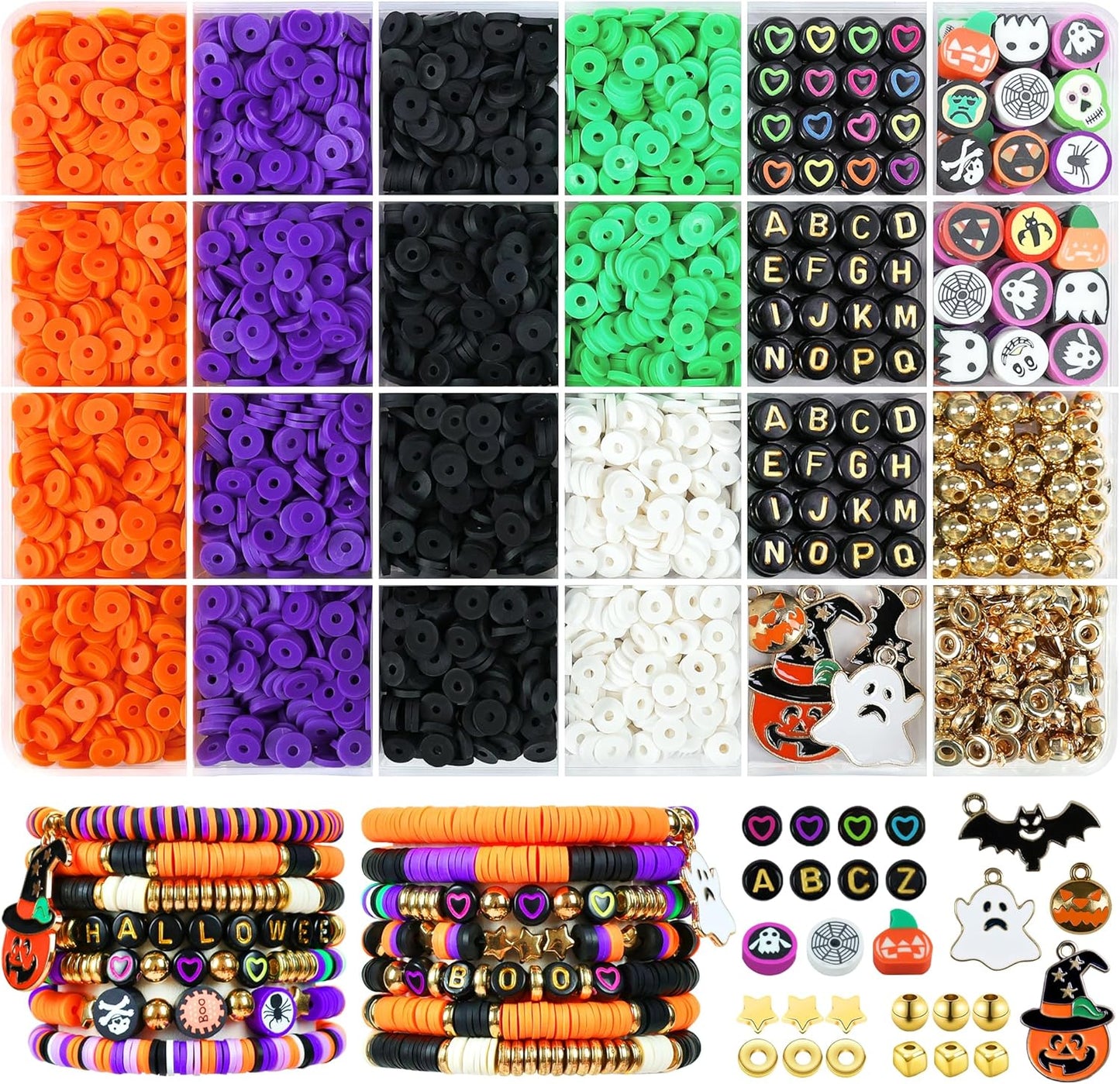 Clay Beads Bracelet Making Kit - Flat Preppy Polymer Heishi Beads with Charms | Craft Gifts for Girls Ages 8-12