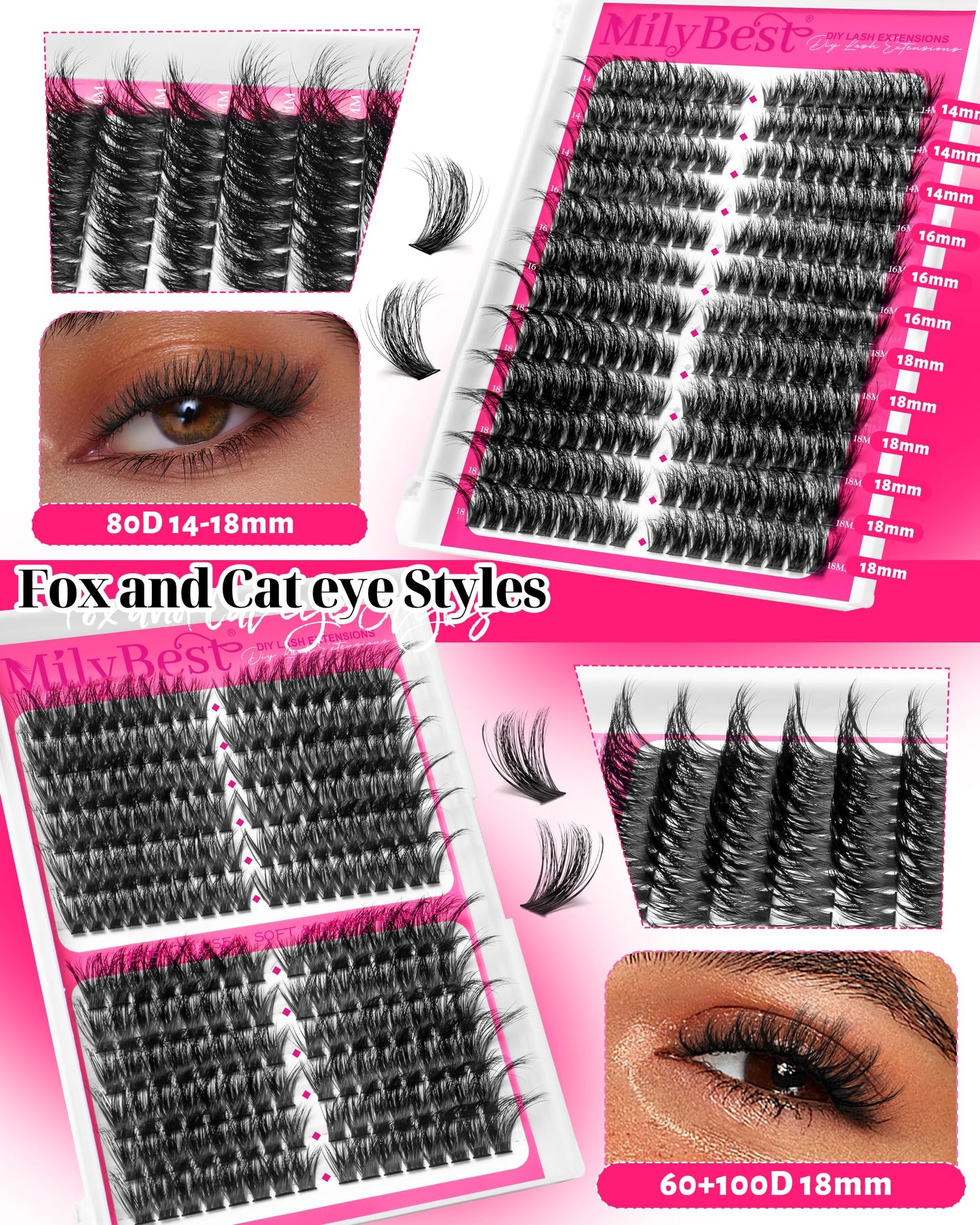 MilyBest 4 Styles Lash Clusters Kit 864Pcs Eyelash Clusters Lash Kit Volume Lashes Clusters D Curl DIY Individual False Eyelashes with 2 Bond&Seal Wispy Bulk Cluster Eyelash Extensions Kit De Pestañas