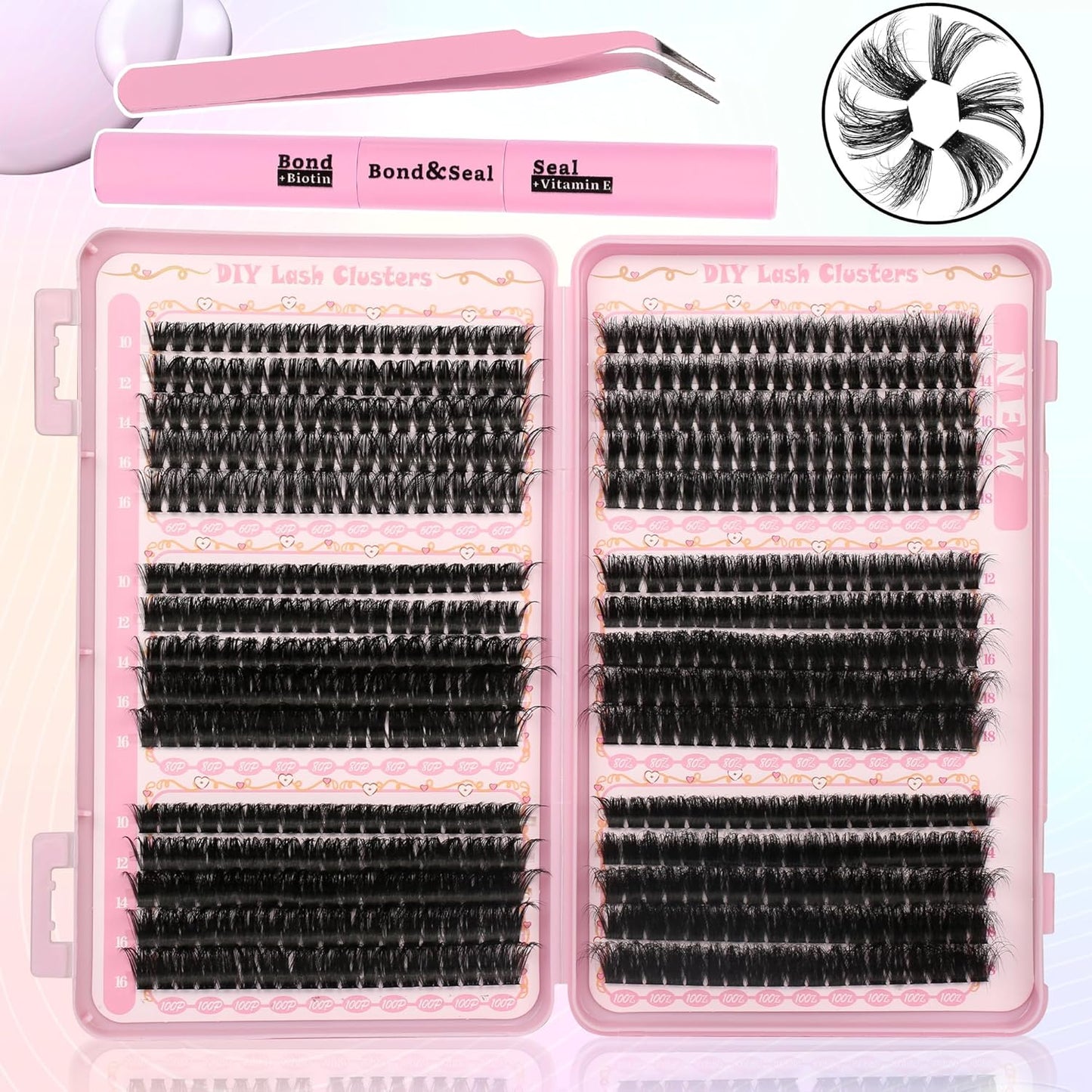 Lash Extension Kit - 640 Pcs Volume C Curl Eyelash Clusters | DIY Cluster Extensions with Bond & Tweezers