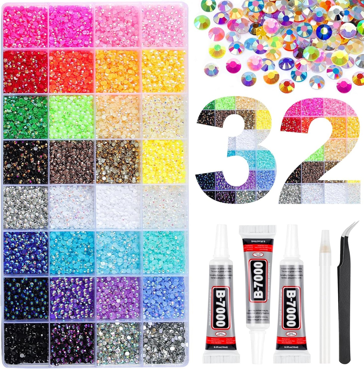 32 Colors Resin Jelly Rhinestones - 45000 Pcs 3mm Flatback Gems for Crafting | Bedazzler Kit with 3 B7000 Jewelry Glue