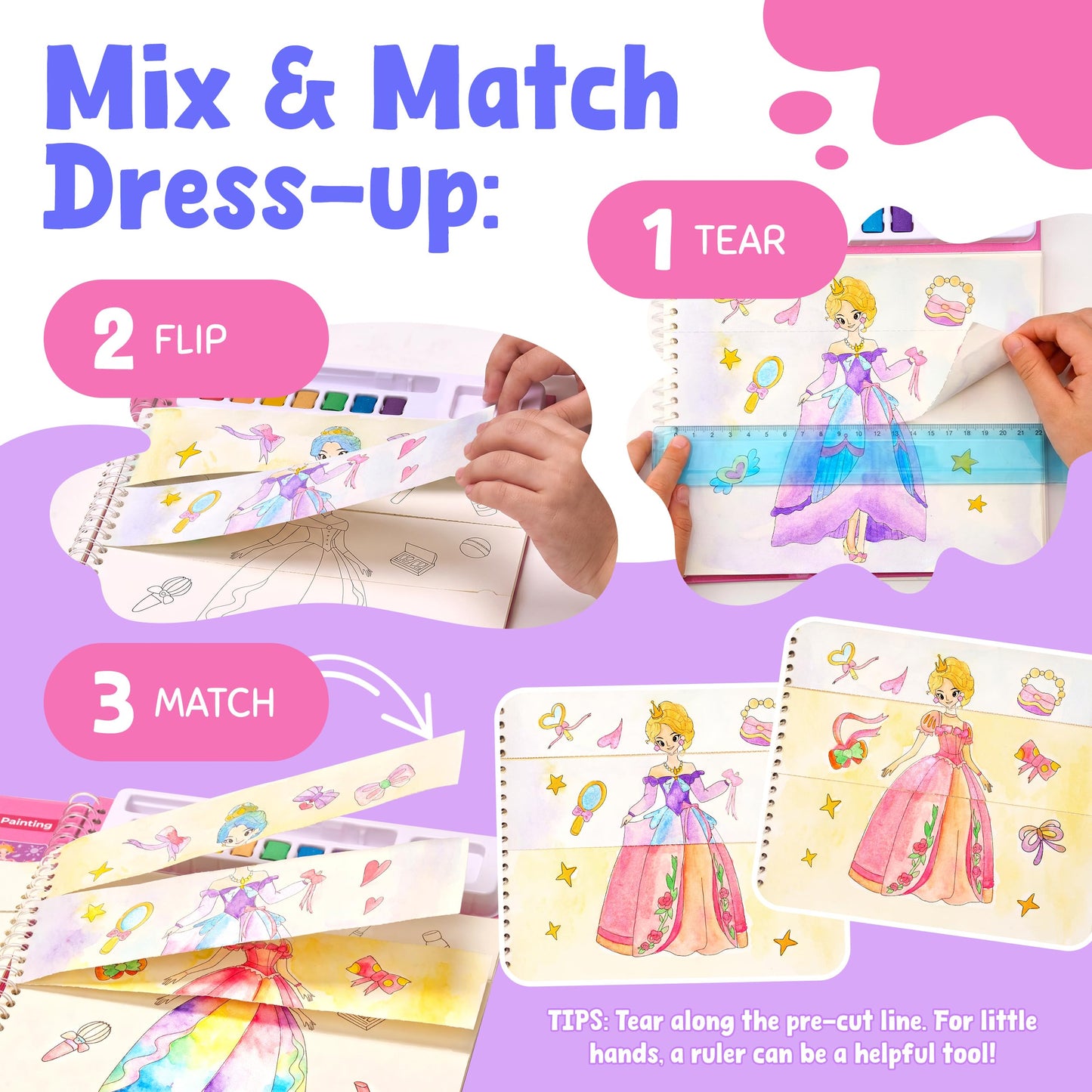 JoyCat Mix & Match Paint with Water Coloring Books, Watercolor & Sticker Activities - 150 Pcs Stickers for Kids Ages 3-8, Toddler Painting Sets Art & Craft Drawing Toy Gifts for Boys Girls (Princess)