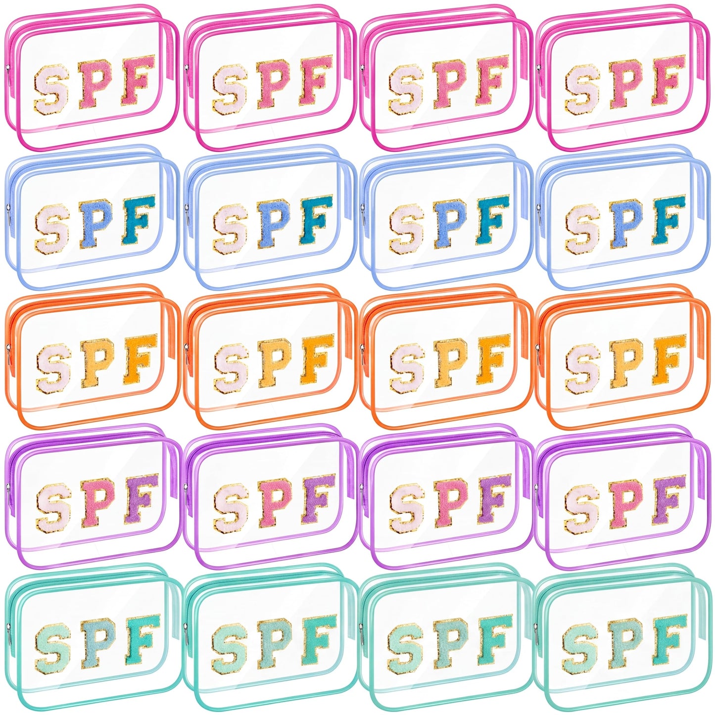 Kacctyen 20 Pcs Clear SPF Makeup Bags Bulk 5 Colors Sunscreen Pouch Beach Pool Waterproof Toiletry Cosmetic Bags Set Preppy Chenille Letter Patch Zip Organizer Girls Summer Vacation Gifts Essentials