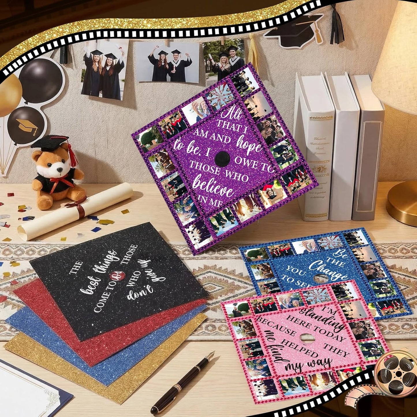 Personalized Graduation Cap Topper - 14 Pcs DIY Glitter Decorations | Includes 7 Pearl Stickers for 2026