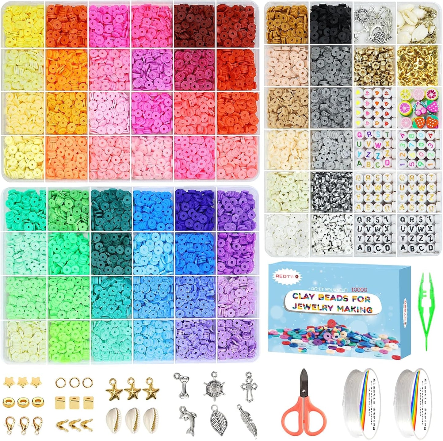 Clay Beads Bracelet Making Kit - Flat Preppy Polymer Heishi Beads with Charms | Craft Gifts for Girls Ages 8-12