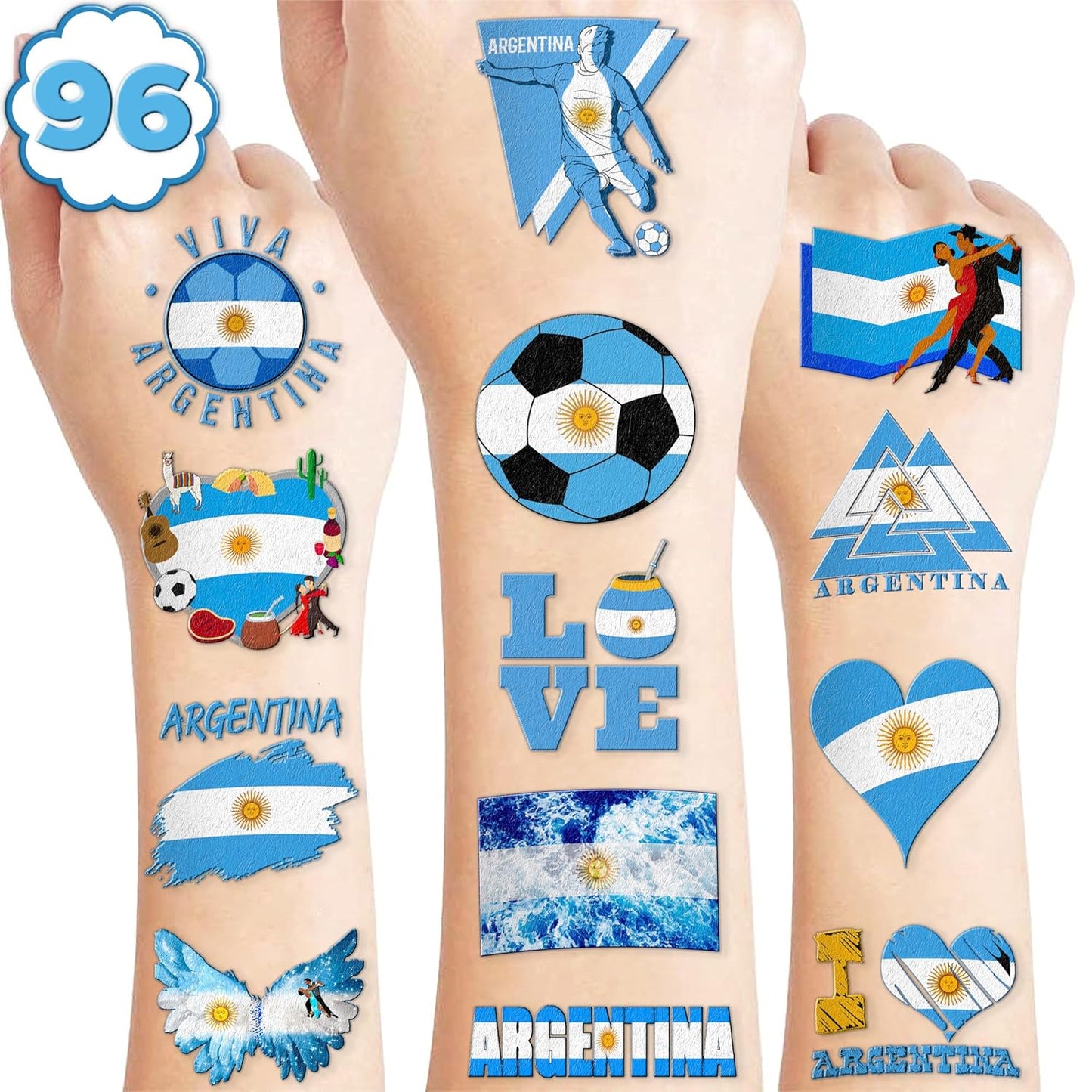 Argentina Soccer Party Favors - 96 PCS Pre-Cut Temporary Tattoos for Birthday Decor | Football Blue Stickers for Kids