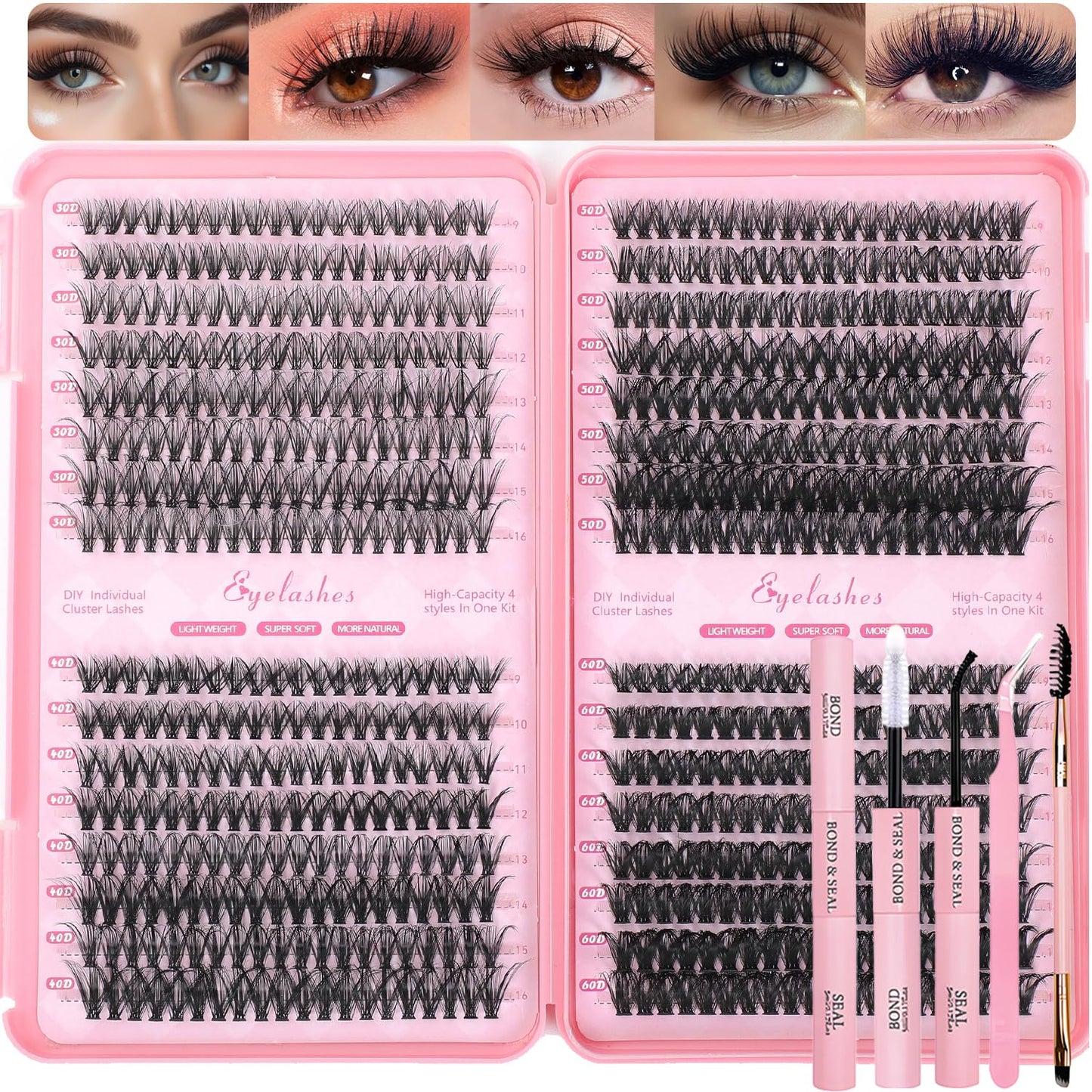Lash Clusters Kit - 640 Pcs Fluffy Wispy Individual Eyelashes 9-16mm D Curl | Thin Band with Tweezers & Bond Seal