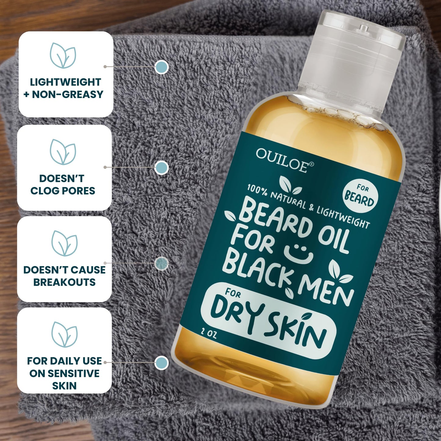 Ouiloe Beard Oil for Dry Skin - Non Comedogenic Beard Oil for Black Men - Safe for Acne Prone, Sensitive Skin - Unscented, Fragrance Free, Lightweight, Non Greasy, Soothing and Natural, 2oz