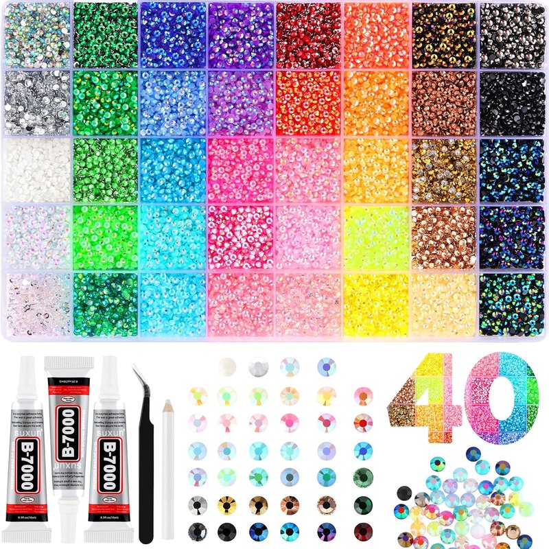 Zefy 40000 Pcs Resin Jelly Rhinestones - 3mm Flatback Gems for Crafting | 40 Colors & B7000 Glue Included