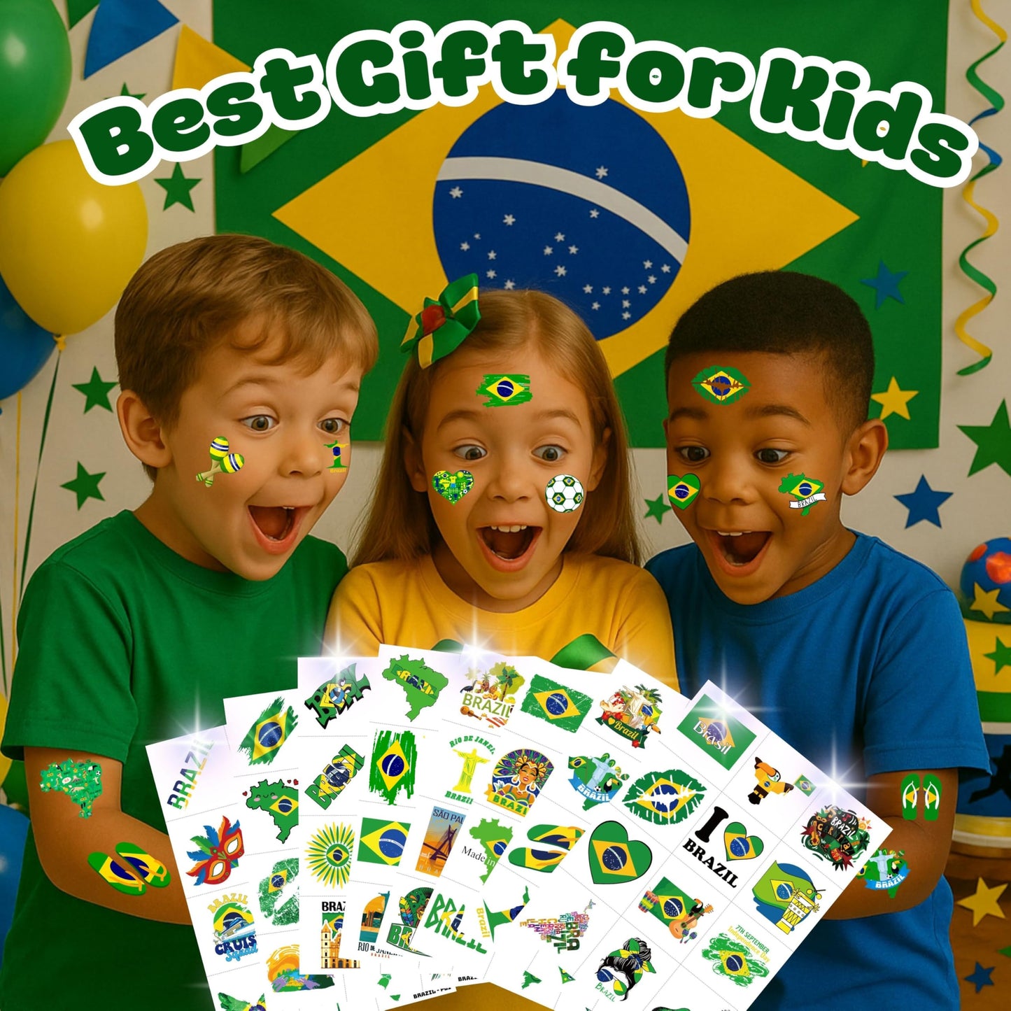 96 PCS Brazil Temporary Tattoos for Kids - Brazilian Flag Soccer Theme Birthday Party Favors, Carnival Decorations, Waterproof Fake Tattoo Stickers for Boys Girls Goodie Bags