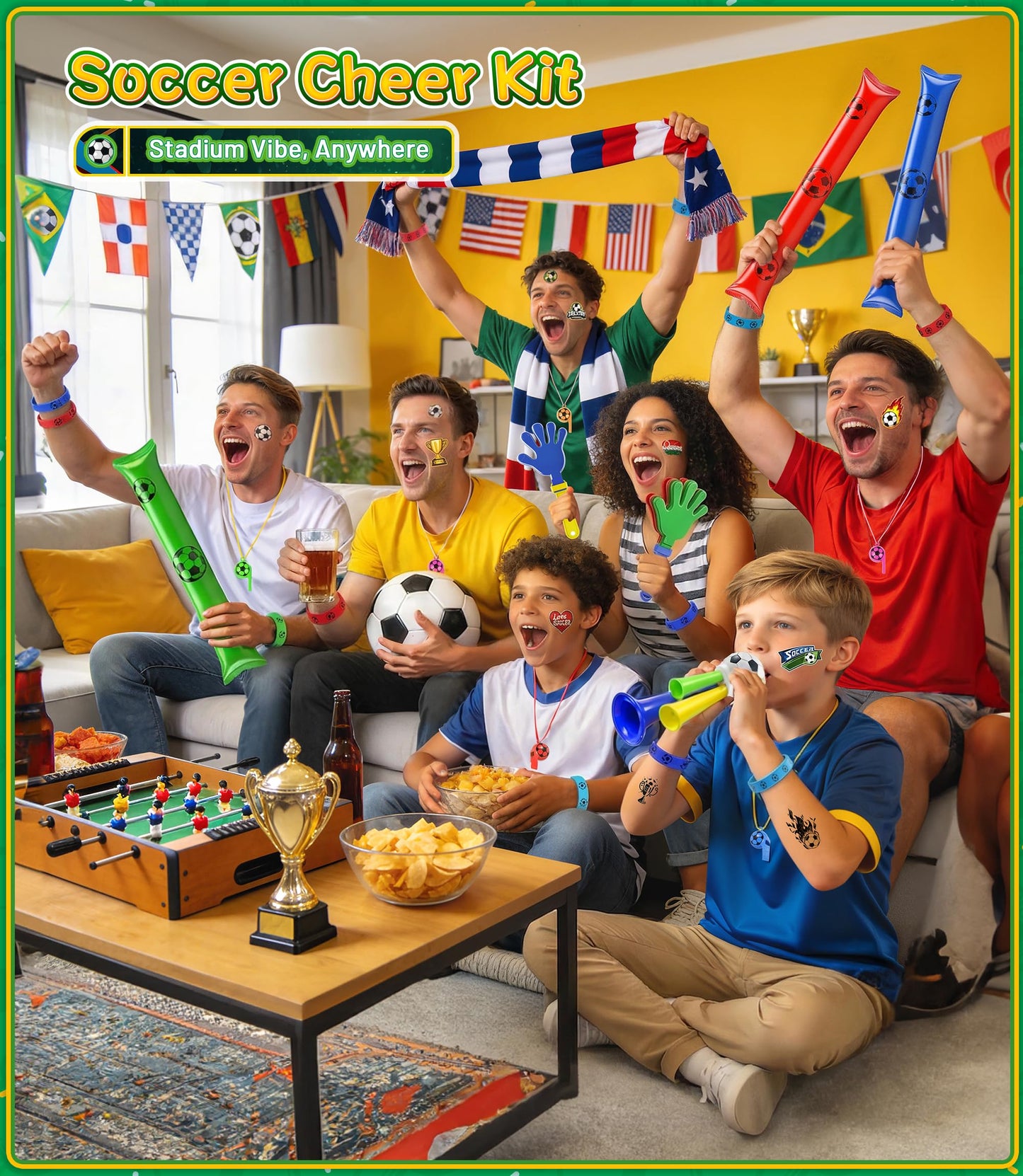 Soccer Party Favors 2026 Soccer Fan Support Accessories Kit, 48 PCS Cheering Supplies with Thundersticks, Clappers, Wristbands, Stickers for Sporting Events, Game Day Watch Party & Stadium Essentials