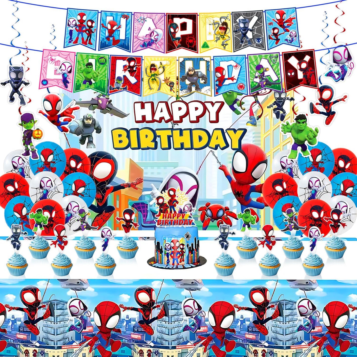 Spider-Man Party Decorations - Complete Spidey Theme Supplies with Banner, Backdrop, Table Cover, Cake Toppers & Balloons | Perfect for Kids' Birthday Celebrations