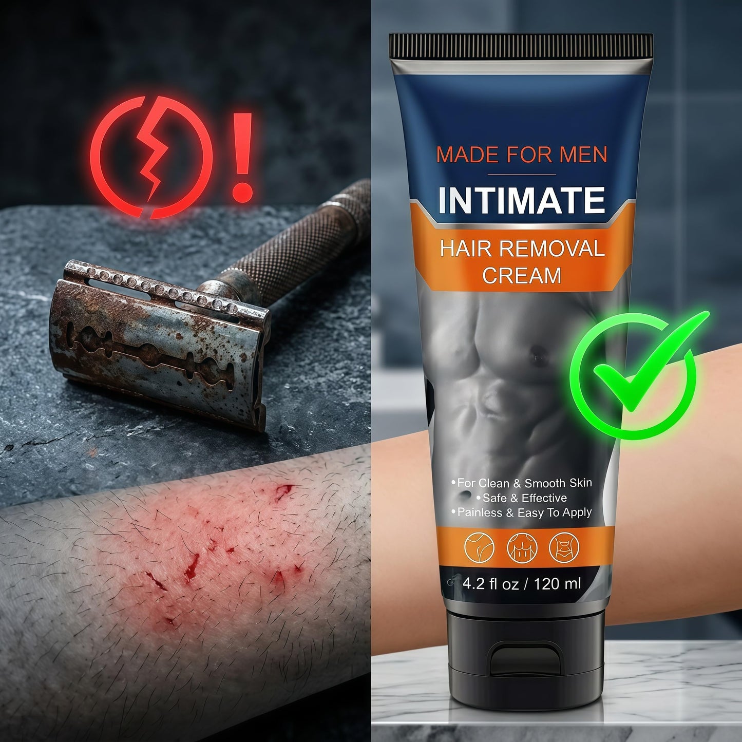 Intimate Hair Removal Cream for Men, Sensitive Skin Formula with Aloe Vera & Vitamin E, Painless Depilatory Cream for Private Parts, Chest, Back and Legs, 4.2 fl oz