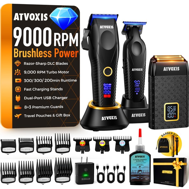 9000 RPM Brushless Motor Professional Hair Clippers Set for Men: Cordless Clippers & Zero Gap Trimmers with DLC Blades LED Display Fast Charging Stands Travel Pouch Maquina Para Cortar Pelo De Hombre
