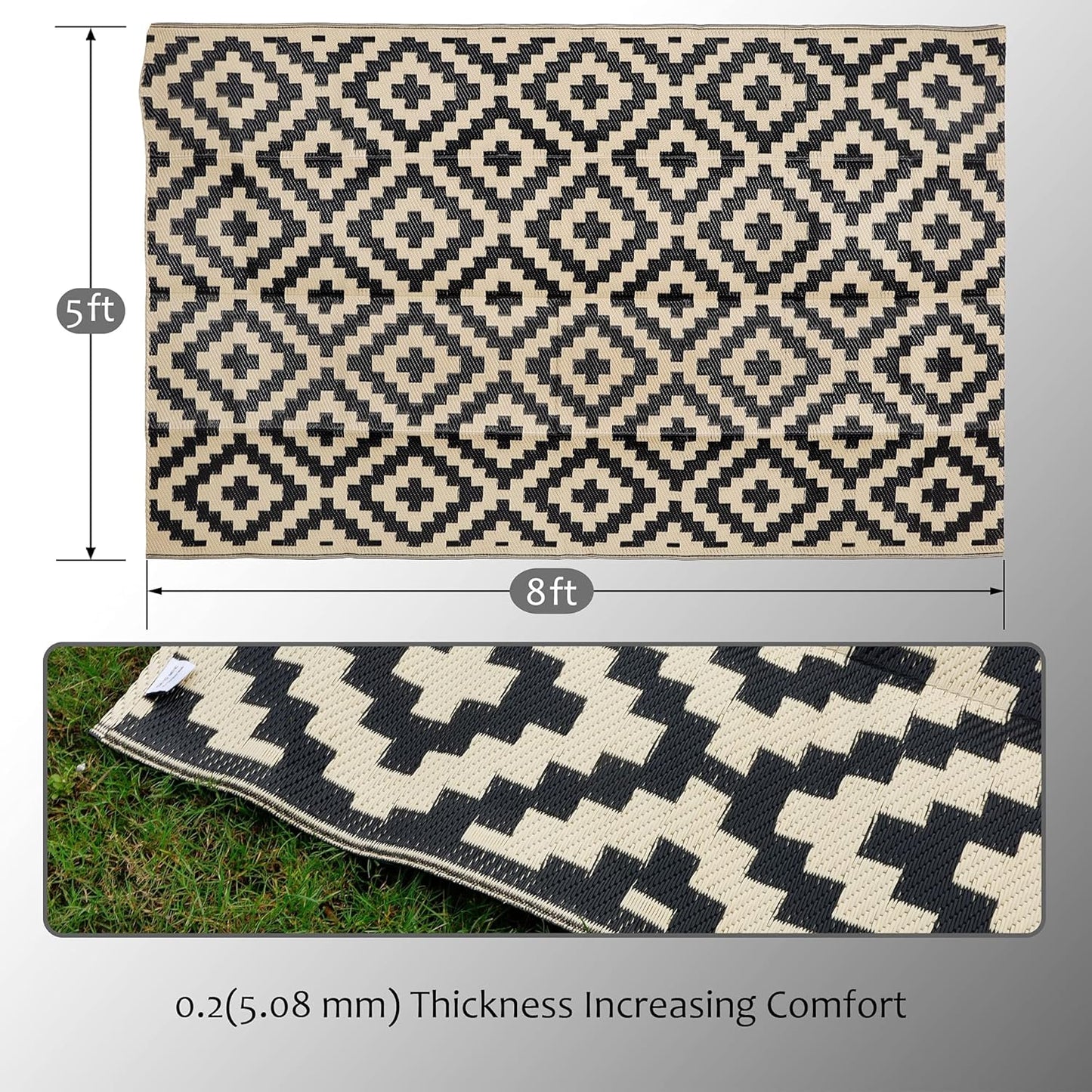 Waterproof Outdoor Rug - Reversible Plastic Area Rug for Patio, RV, Deck | 5x8 ft, Black & Beige