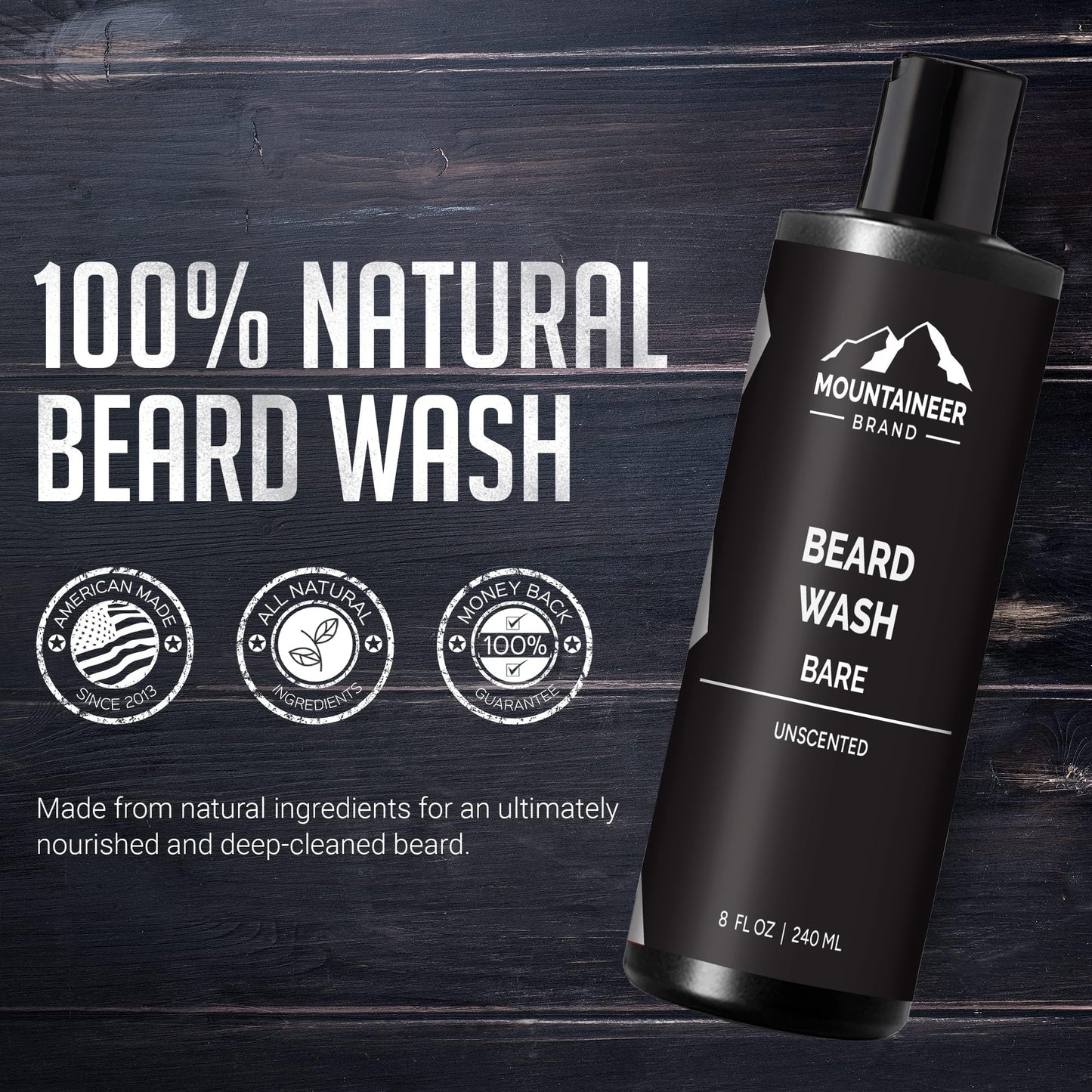 Mountaineer Brand Beard Wash For Men | 100% Natural Beard Shampoo | Thick Cleaning Softening Lather for Hair and Skin | Hydrate and Detangle | Grooming Treatment | Bare Unscented 8oz