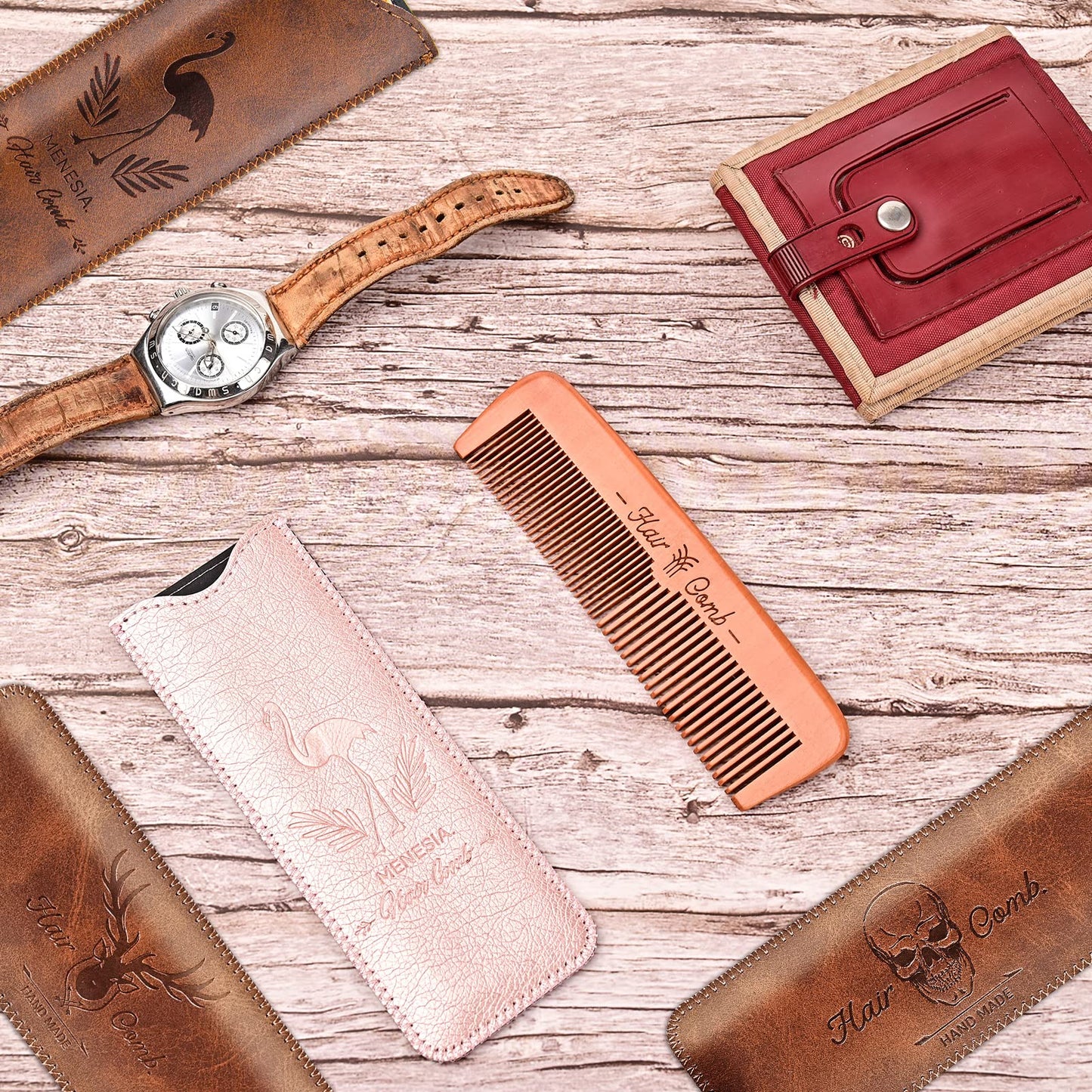 Menesia Wooden Hair Combs for Men & Women, Mens Wood Beard Comb with Leather Travel Case, Womens Combs for Hair, Kids Comb, Mens comb - Brown Deer