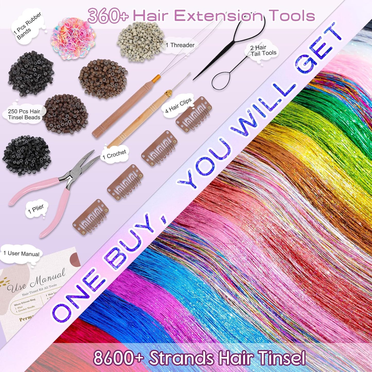 Hair Tinsel Kit - 18 Colors Heat Resistant Glitter Extensions for Teens | 48 Inches