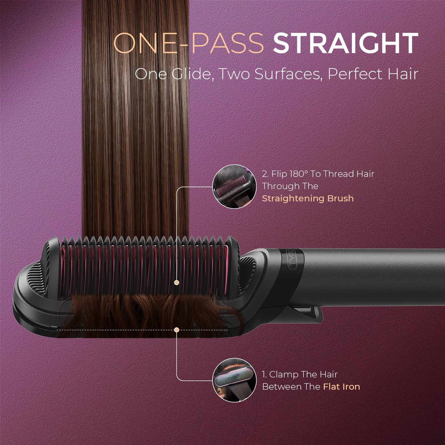TYMO Flat Iron Hair Straightener Brush 2 in 1, 200M Ions Hair Straighteners for Women, Ceramic Straightening Hot Comb for Anti-Frizz Straights, Waves, Curl, 3X Less Heat Damage, Dual Voltage, Black