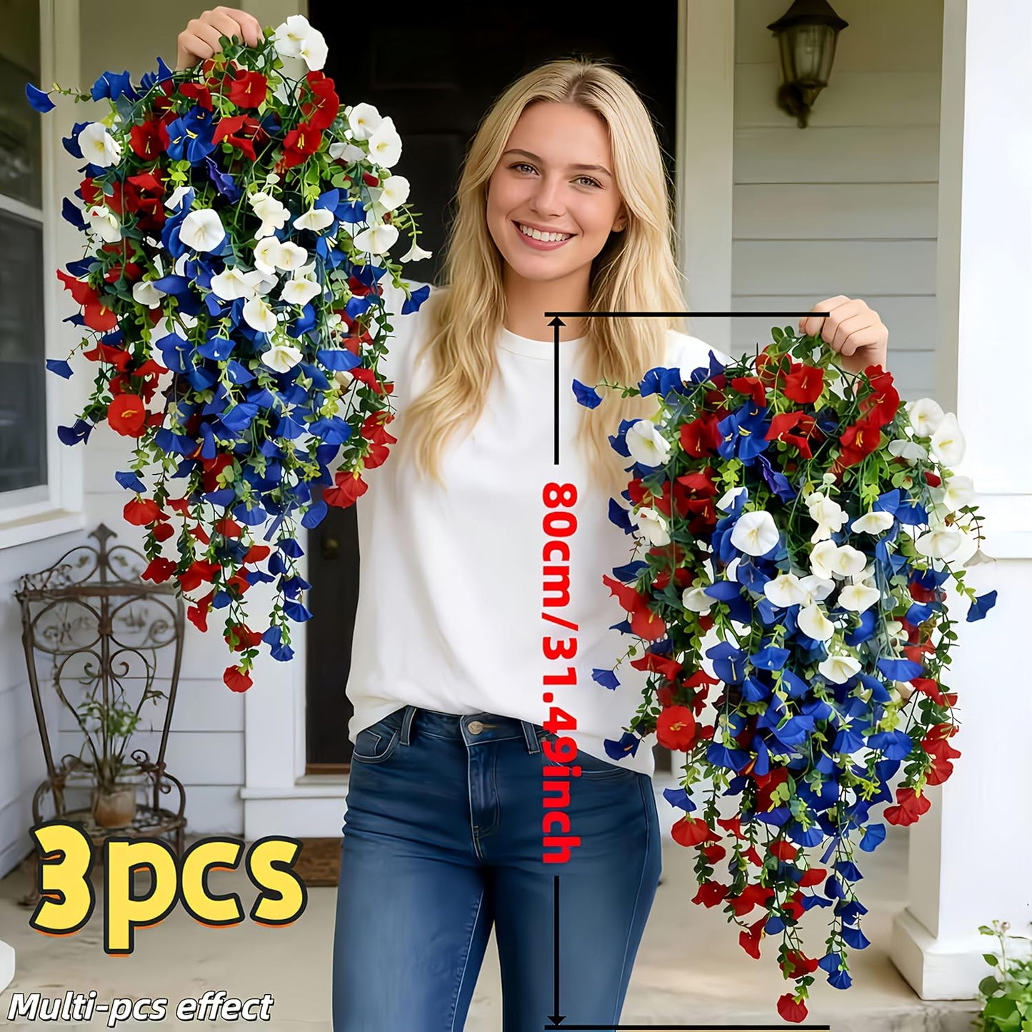 Patriotic Hanging Artificial Flowers - 3-Piece Red, White & Blue Floral Baskets | 4th of July & Memorial Day Outdoor Decor