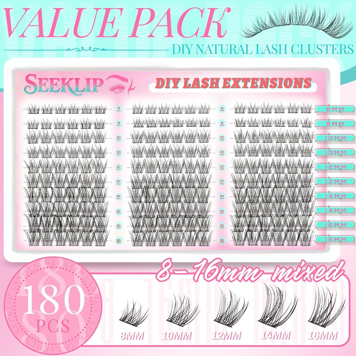 Wispy Natural Cluster Eyelash Extensions - 180pcs C Curl 8-16mm Individual Fake Lashes | Ultra Thin Band for DIY Use