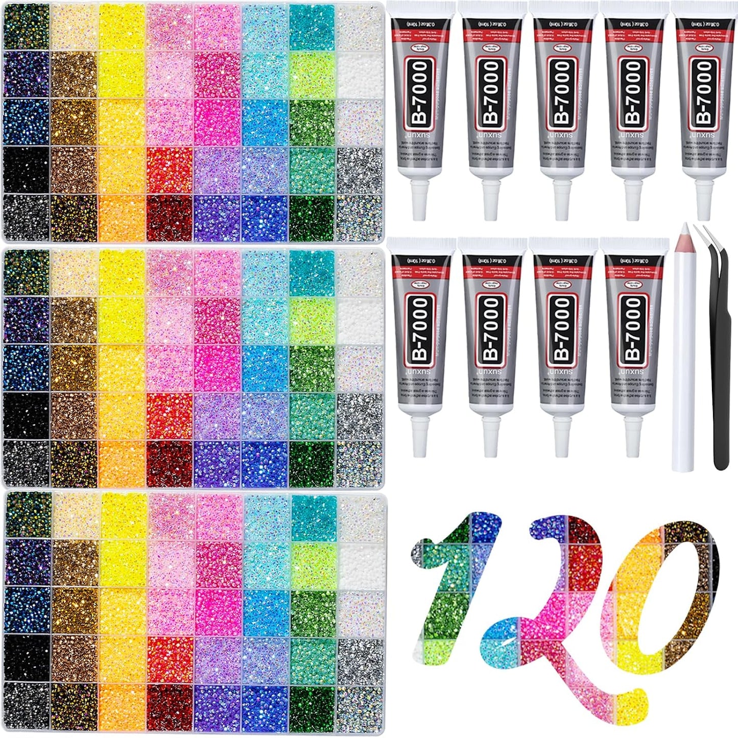 Multicolor Flat Back Rhinestones - 50000+ Pcs 3mm Resin Gems for Nail Art | Includes 3Pcs B7000 Jewelry Glue