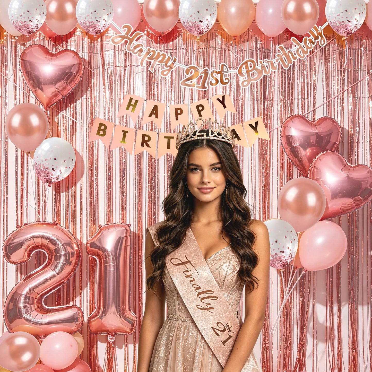 YGSEPCC 21 Birthday Decorations for Her, Rose Gold 21st Birthday Party Supplies 36Pcs, Birthday Sash Crown Tassel Curtains Foil Number Balloons Banner Cake Topper, 21 Young Lady Birthday Decorations