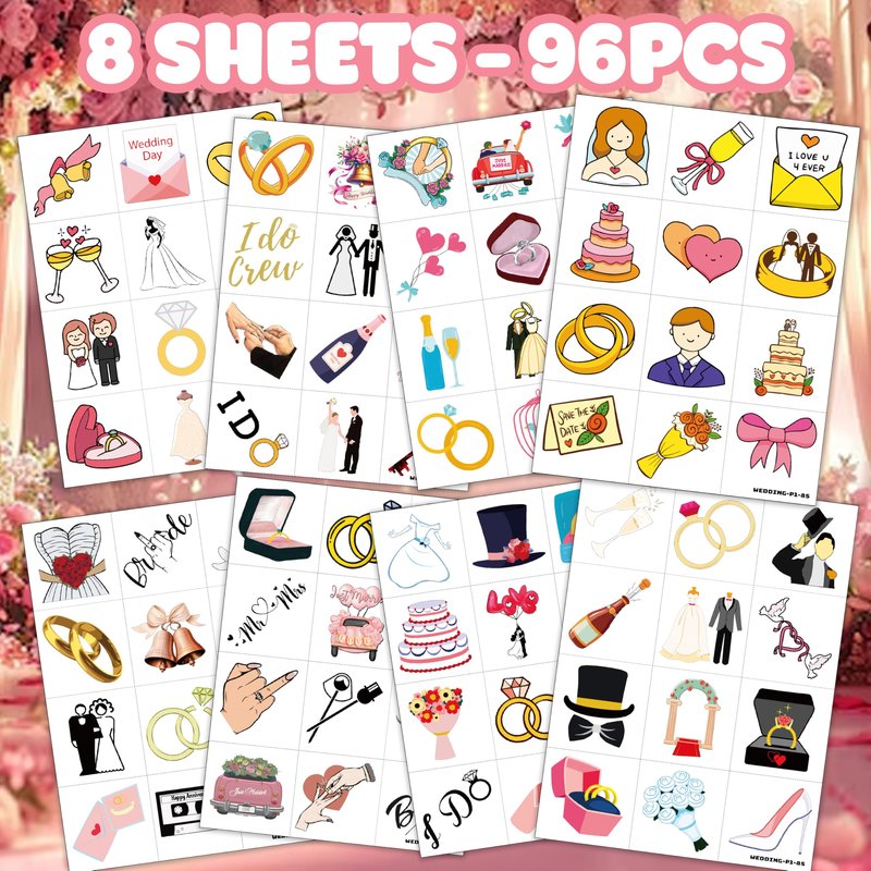 96 PCS Wedding Pre-Cut Temporary Tattoos Birthday Party Decorations Favors Supplies Gold Bridal Ring Diamond Bachelorette Mr & Mrs Engagement Stickers Girls Boys Classroom School Prizes Reward