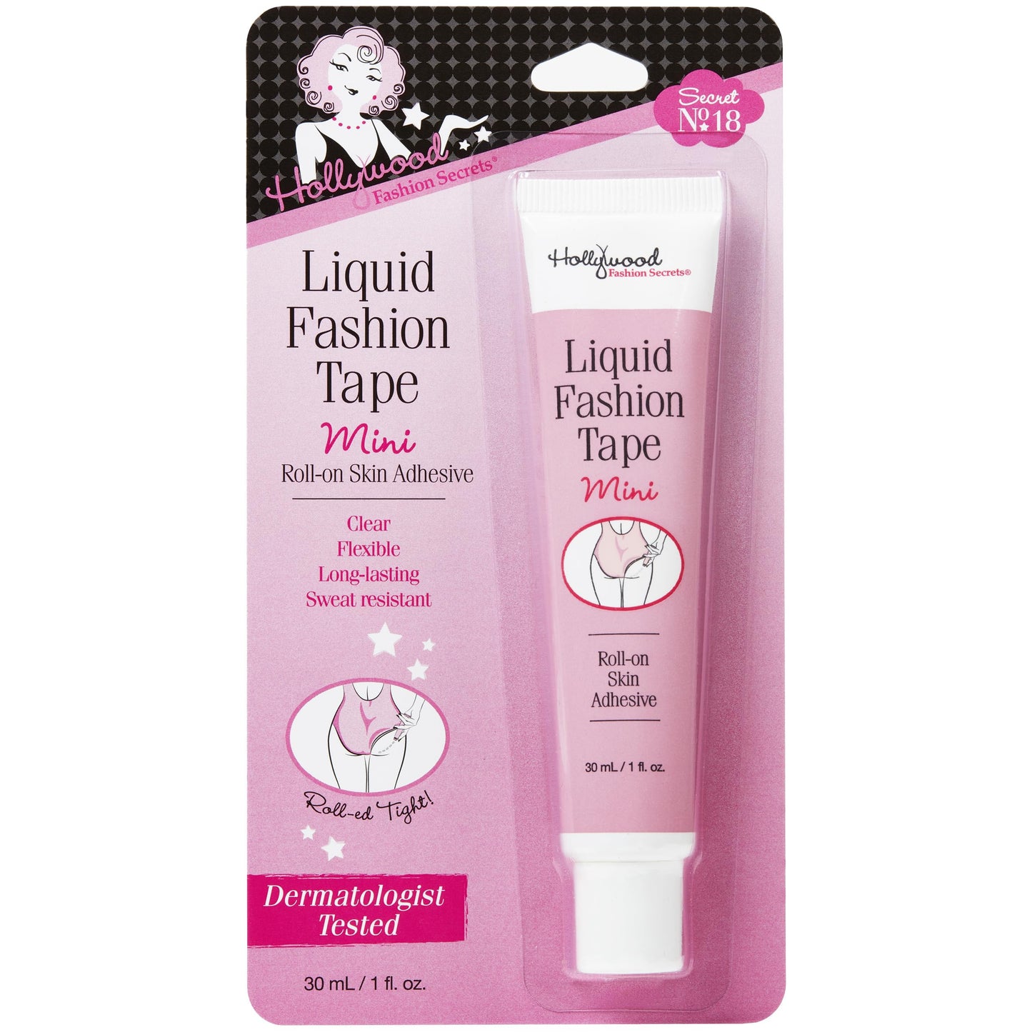 Hollywood Fashion Secrets Liquid Fashion Tape Mini – Clutch Glue Body Adhesive for Clothing, Skin Safe Body Glue for Dresses & Fabric, All Day Hold, Roll-On Skin Adhesive, 1 fl oz