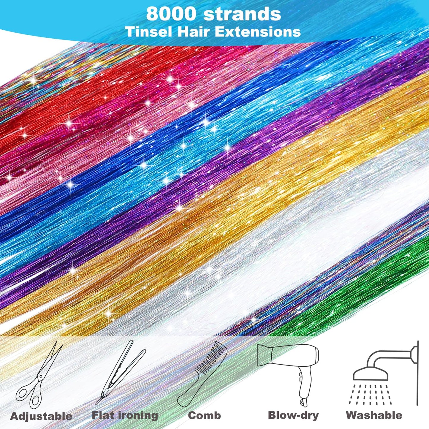 Hair Tinsel Kit - 8000 Strands of 48-Inch Glitter Extensions | 20 Vibrant Colors for Sparkling Fairy Hair
