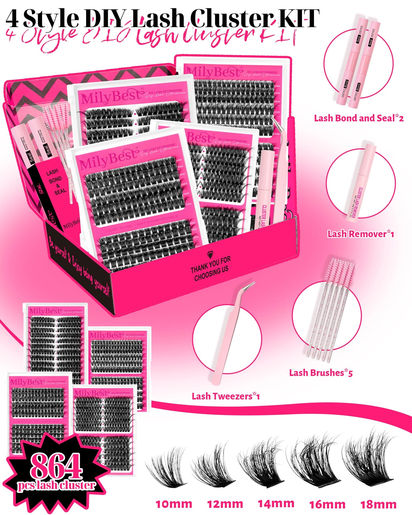 MilyBest 4 Styles Lash Clusters Kit 864Pcs Eyelash Clusters Lash Kit Volume Lashes Clusters D Curl DIY Individual False Eyelashes with 2 Bond&Seal Wispy Bulk Cluster Eyelash Extensions Kit De Pestañas