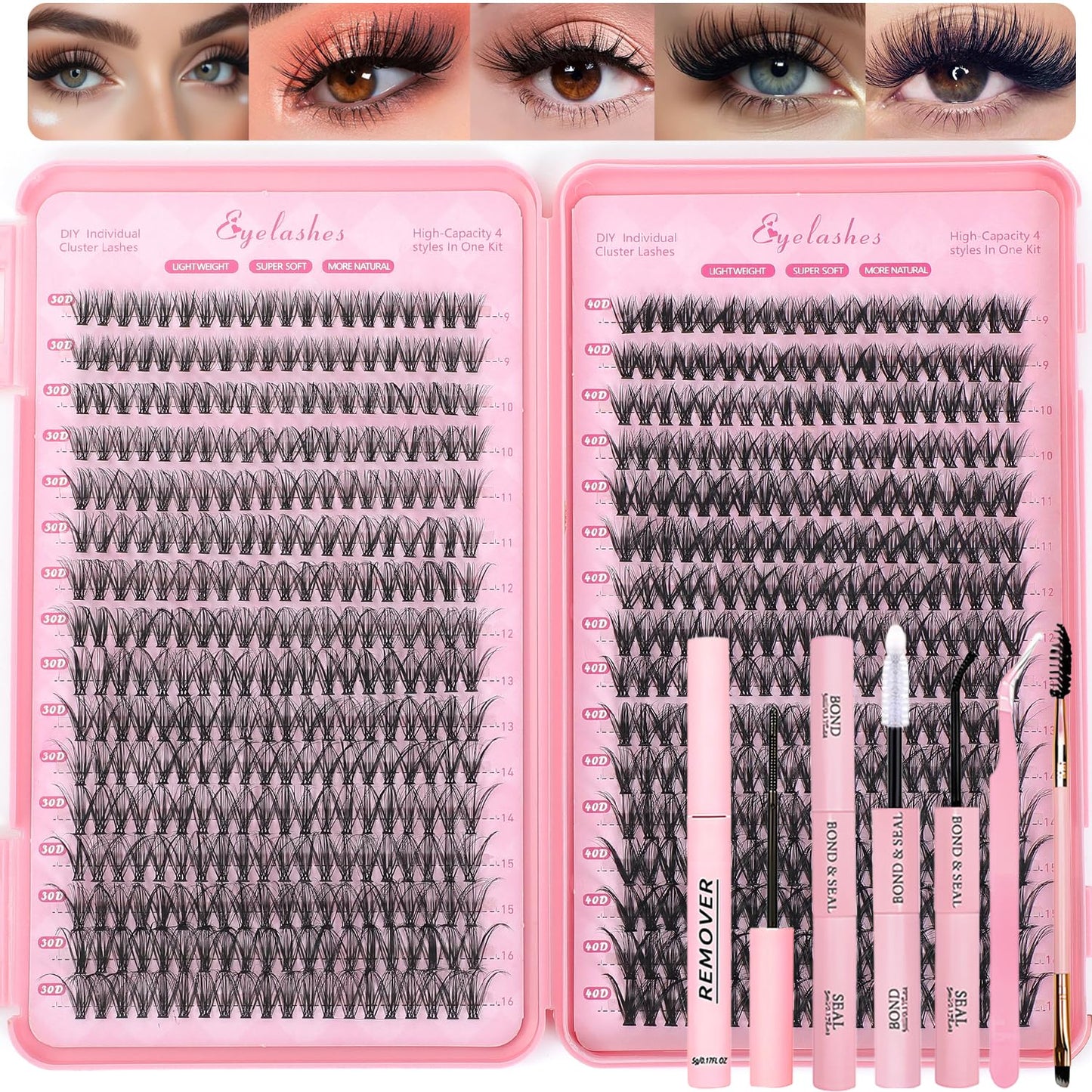 Lash Clusters Kit - 640 Pcs Fluffy Wispy Individual Eyelashes 9-16mm D Curl | Thin Band with Tweezers & Bond Seal