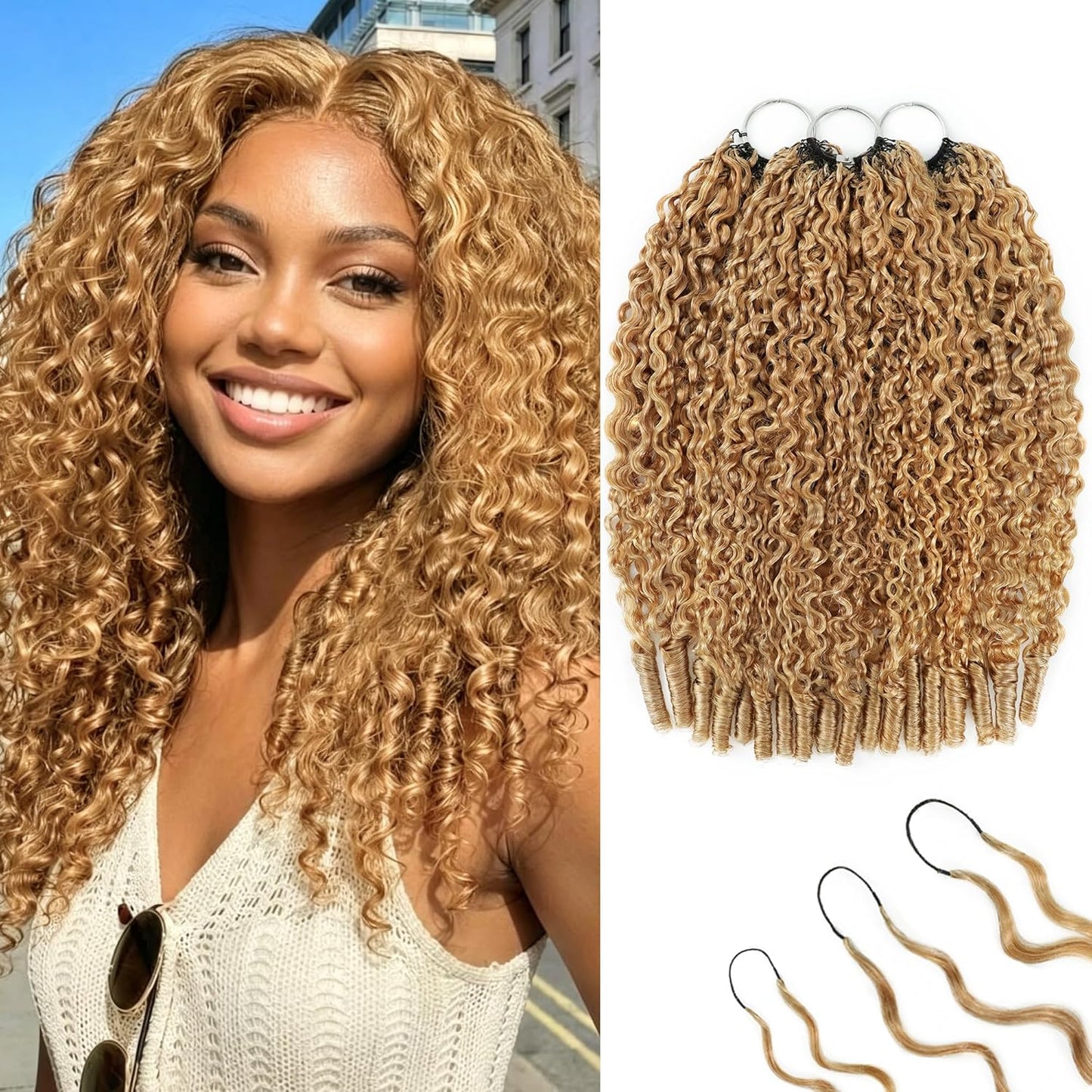 Honey Blonde Human Crochet Hair - 16 Inch Burmese Curly Extensions | 120g Pre-Separated for Black Women