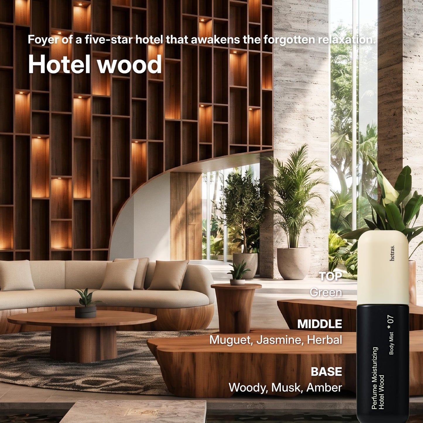 hetras Perfume Body Mist (Hotel Wood Scent)–Hydrating Fragrance Spray with Niacinamide | Skin Smoothing & Moisturizing | 360° Continuous Fine Mist for Body | Long-Lasting Korean Body Care | 4.06 fl.oz