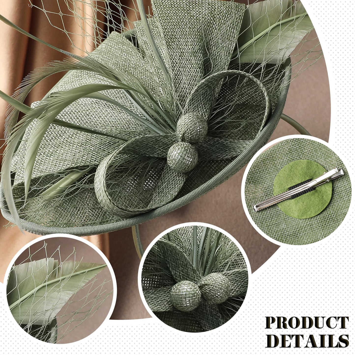 Zinniday Green Tea Party Hat - 1920s 50s Kentucky Hats Girl Victoria Feather Derby Fascinators with Veil Church Halloween Renaissance Masquerade Dress Up for Women, 7.87x5.9inch