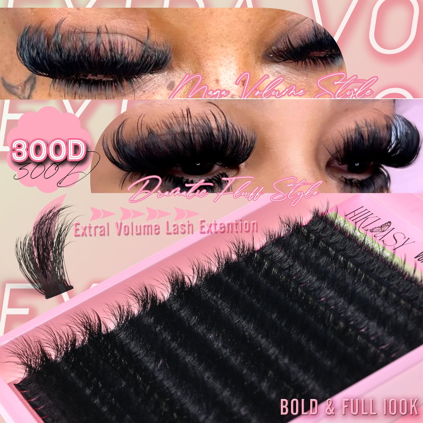 Thick Lash Clusters 300D Extra Volume With Spikes,14-22mm Dramatic Mega D Curve Glam Looking,Full & Bold Cluster Eyelash Extensions,Locked Band No Shedding,Reusable Faux Mink Cluster Lashes-Hiklasy