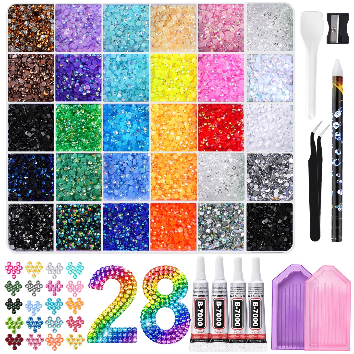 36000Pcs Resin Jelly Rhinestones for Bedazzling, 28 Colors 3mm Flatback Rhinestones with 4Pcs 10ml B7000 Jewelry Glue & Tools, Bedazzling Kit for Nail Art Crafting Book Makeup
