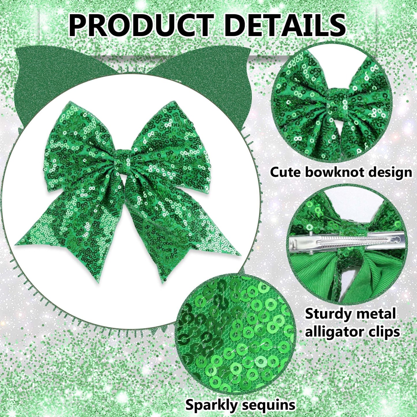 STGDAK Green Bow Clips 7 Inch Glitter Big Bows Sparkly Sequin Cheerleading Bow For Girls Bling St. Patrick's Day Hair Accessories For Women Softball Festivals St. Patrick's Day