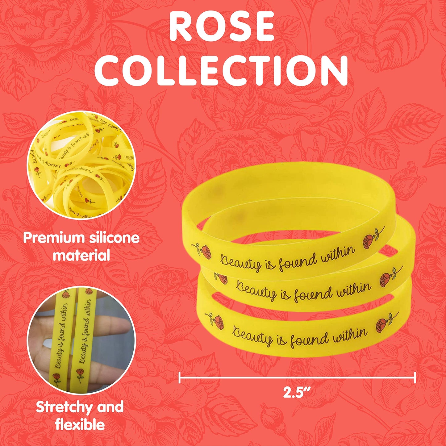 Rose Beauty Wristband Party Favors, 24 Pack Silicone Bands Beauty and the Beast Theme Bracelets for Girl Power Teens Tween Birthday Supplies Celebration Positive Message - Silicone Bracelets for Girls