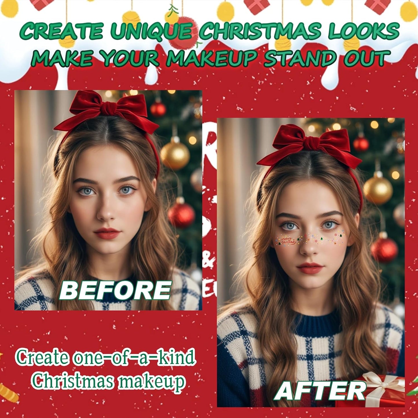 Christmas Face Temporary Tattoos - 8 Pcs Waterproof Glitter Freckles for Kids & Women | Holiday Party Makeup