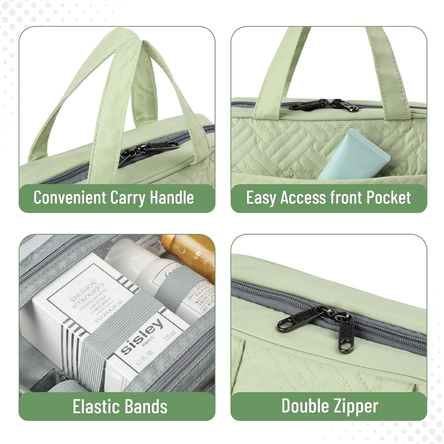Travel Toiletry Bag Organizer - Green Makeup Bag with Hanging Hook | Water-Resistant Design