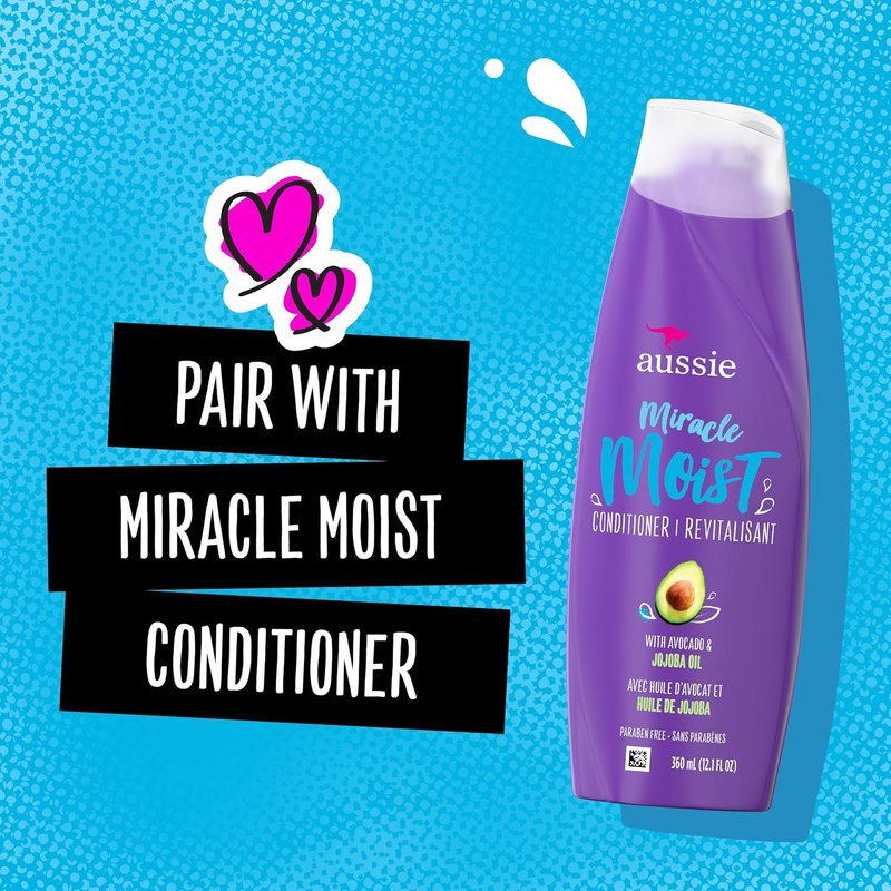 Aussie Miracle Moist Shampoo for Dry Hair - Paraben Free with Avocado & Jojoba | 12.1 Fl Oz