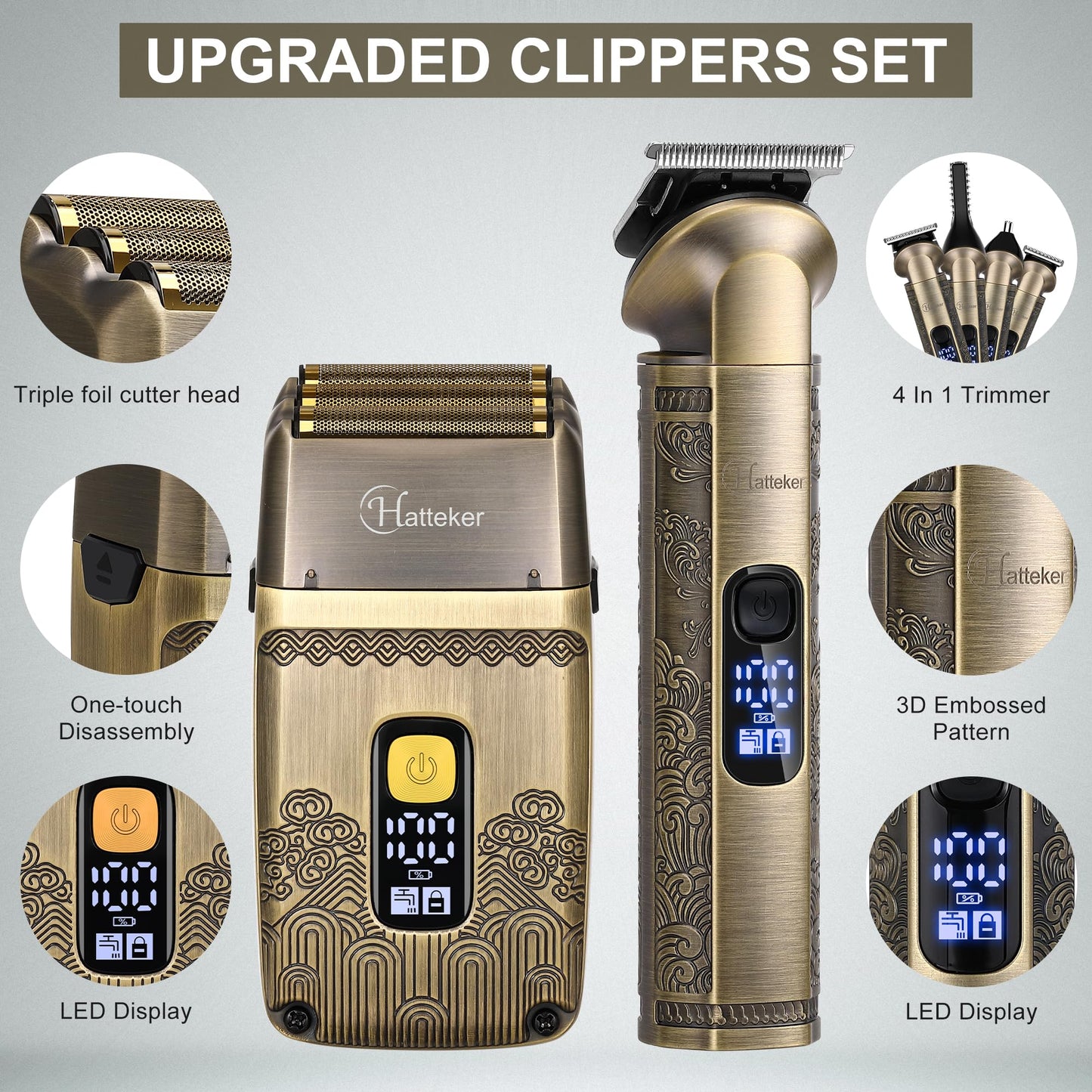 Hatteker Professional Hair Clipper Electric Razor Foil Shavers for Men Body Nose Ear Hair Grooming Kit with Triple Blades Cordless Waterproof