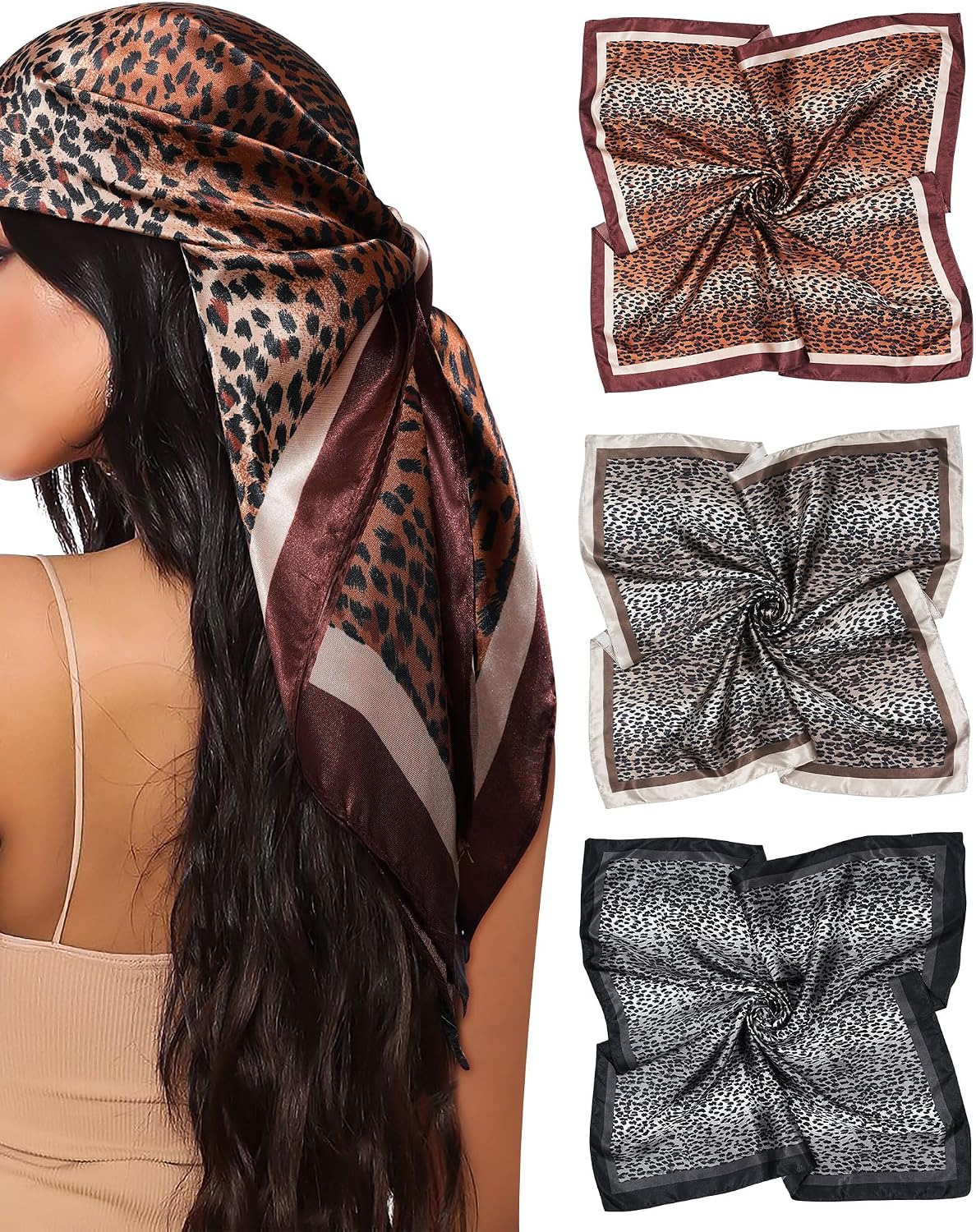 Silk Satin Head Scarf for Women - 35” Square Bandanas | 3 Pack Hair & Neck Scarves for Sleeping