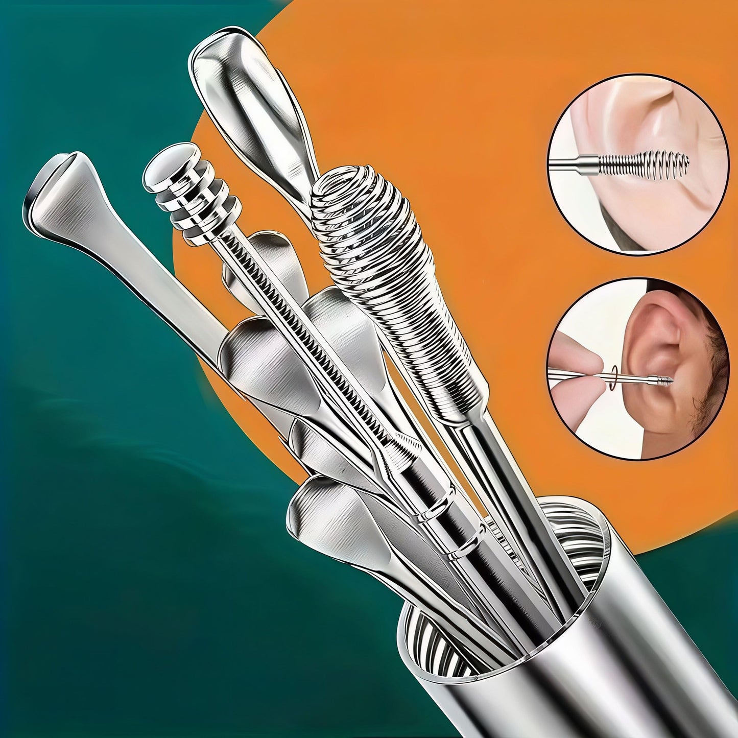 Cylindrical Ear Pick Set, Stainless Steel Cylindrical Design Portable 6-Piece Kit for Travel Home Personal Ear Care, Silver