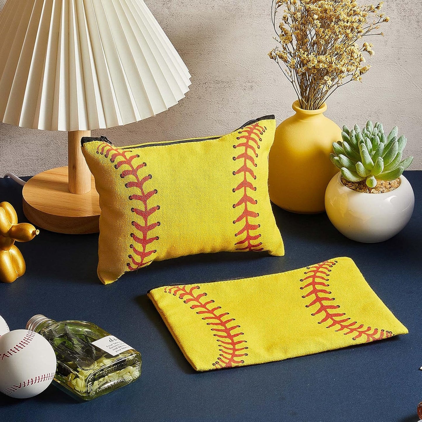 Softball Makeup Bags - 12 Pcs Canvas Cosmetic Zipper Pouches | Portable Travel Toiletry Organizers for Team Gifts