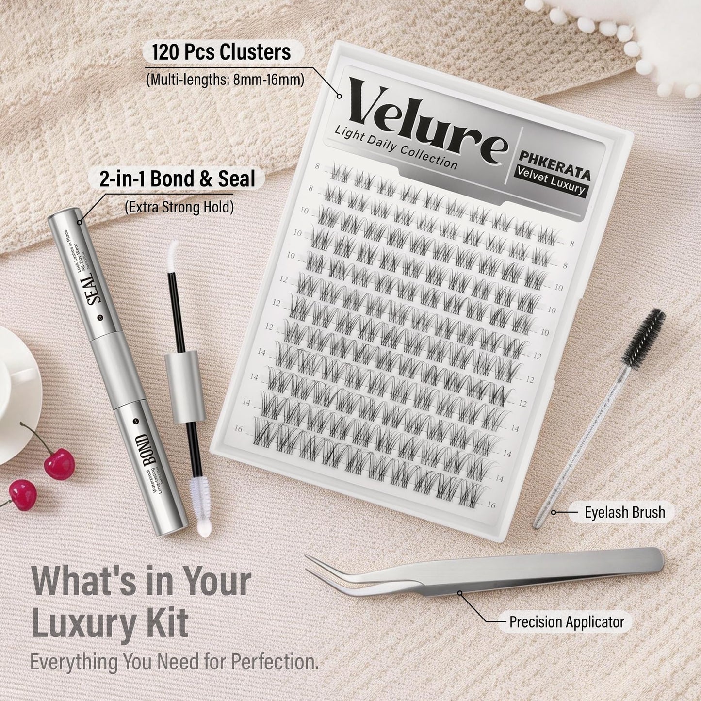 PHKERATA Velure Lash Clusters Kit Natural Eyelash Clusters Wispy Lash Extension Kit Invisible Clear Band Lashes DIY Cluster Eyelash Extensions with Bond and Seal Tweezers, 8-16mm, 120Pcs