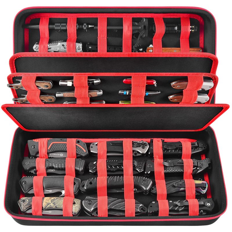 Knife Display Case for 64+ Pocket Knives, Folding Knives Cases for Collections, Butterfly Knife Storage Bag Holder Roll Organizer for Survival, Tactical, Outdoor, Kitchen, EDC Mini Knife (Red)