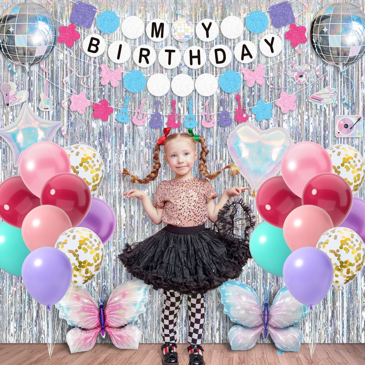 Music Birthday Decorations, Popular Singer Theme Party Supplies for Girls Pink Purple Balloon Arch Friendship Bracelet Garland Backdrop Cake Toppers Hanging Swirls