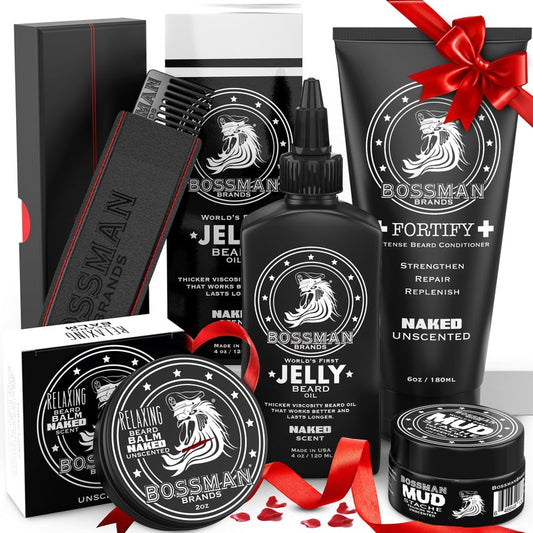 Bossman Complete Beard Kit – Men's Beard Oil Jelly, Fortifying Shower Conditioner, Balm, Mustache Wax & Comb – Beard Softener & Grooming Care – Men Gift Set (Naked Unscented)