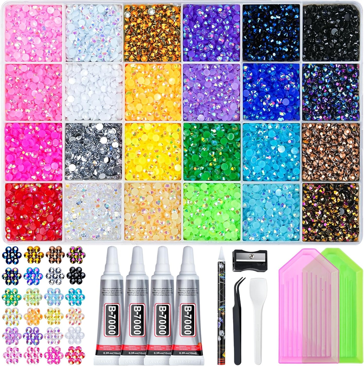 Resin Jelly Rhinestones Kit - 35,000 Multicolor 3mm Flatback Gems + 4 B7000 Jewelry Glue & Tools | DIY Arts & Crafts Set